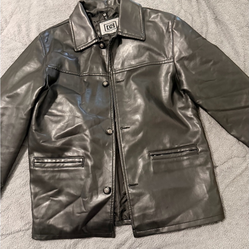 Men’s Faux Leather Jacket Black Long Coat New Collection Made In Italy Medium